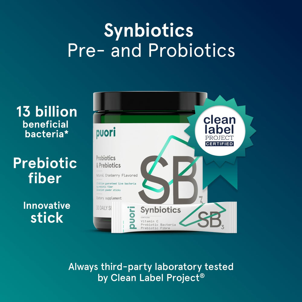 Puori Daily Probiotics bottle back shows label with 13B CFU and 30 servings.