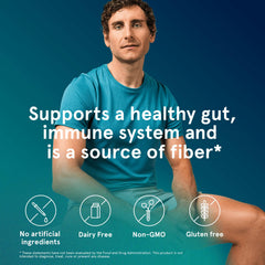 Puori Daily Probiotics fiber-ingredients scene shows FOS, inulin, and pectin.