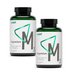 Puori M3 bottle with capsules on table for daily energy and muscle support.