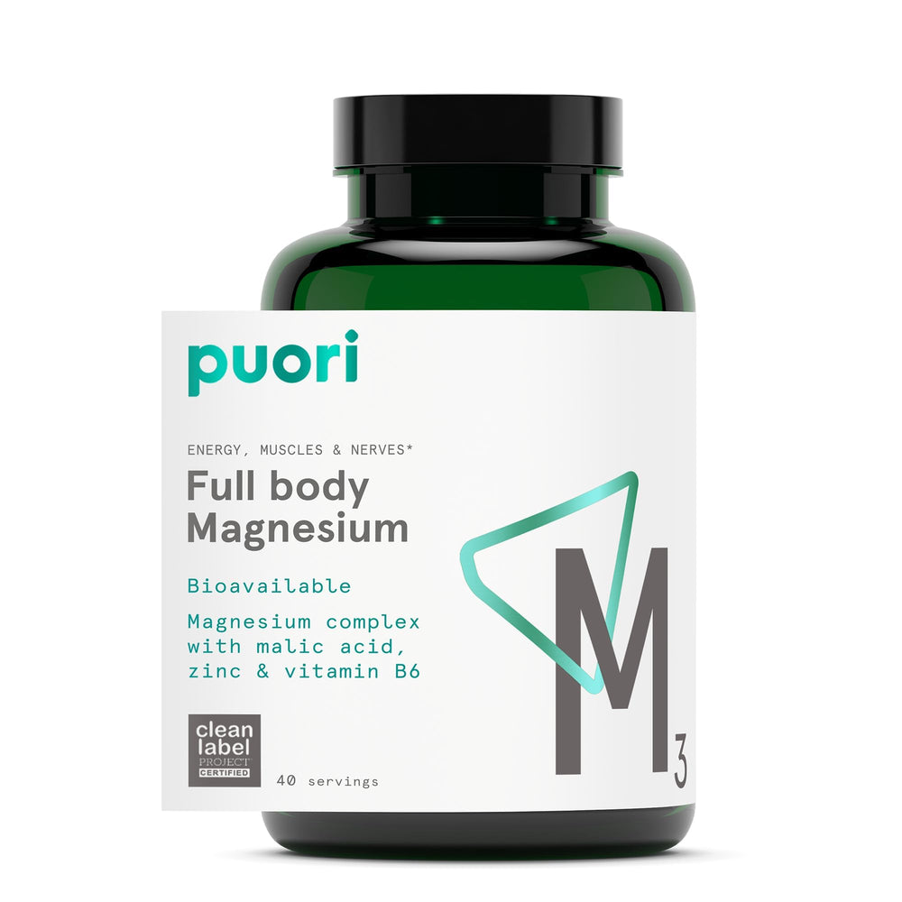 Puori Magnesium Complex bottle highlighting high-absorption formula for daily energy support