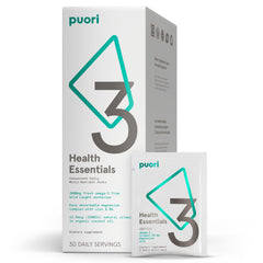 Puori P3 health essentials bottle with on-the-go sachets for easy daily use.
