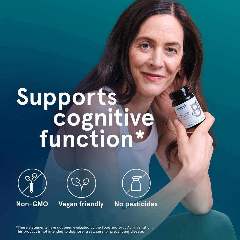 Puori Pure Energy B-Complex visual ingredients list communicates active vitamins for daily resilience.