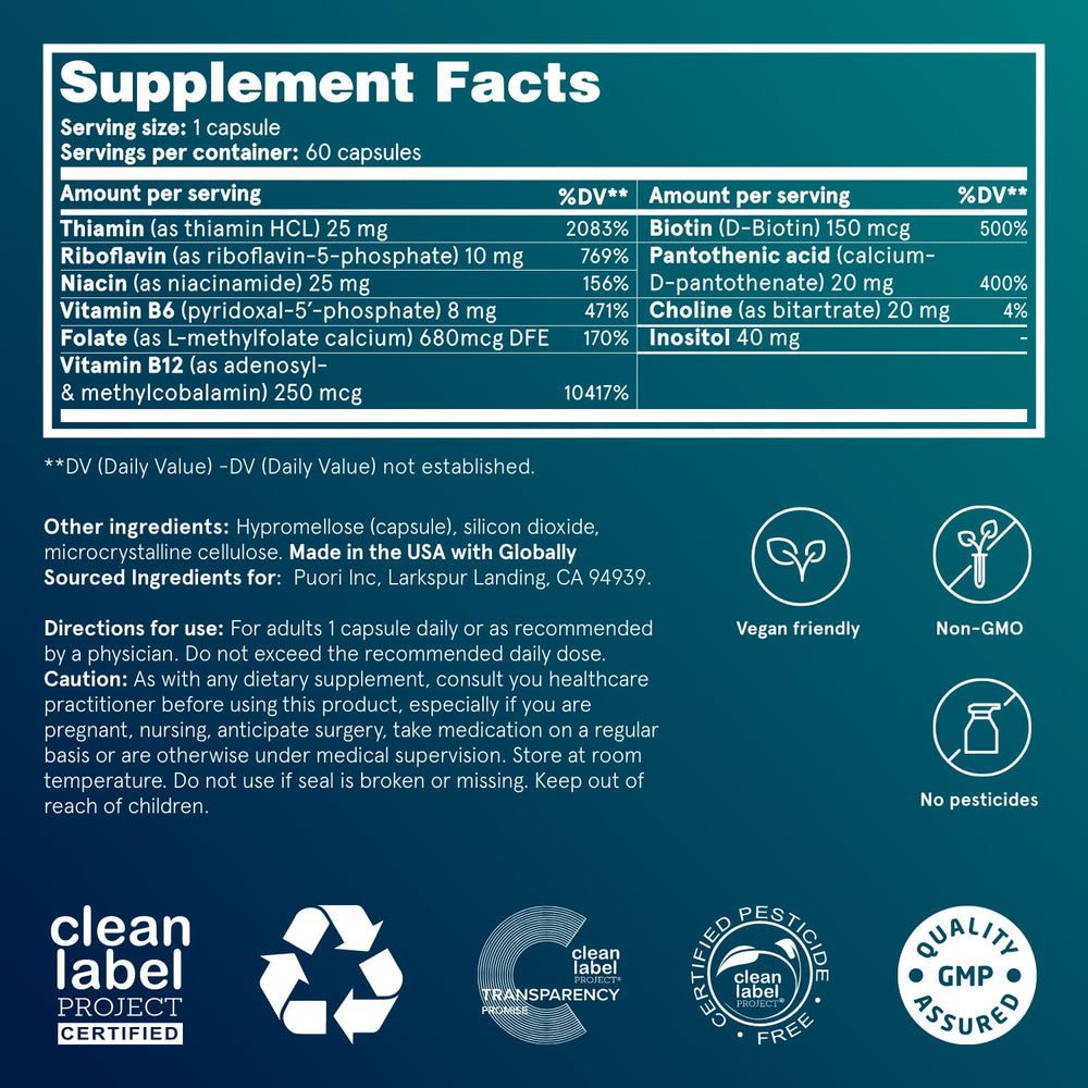 Puori Pure Energy B-Complex label detail emphasizes clean, gluten-free, non-GMO formulation.