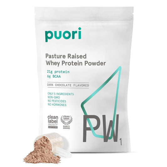 Puori PW1 dark chocolate tub highlighting clean ingredients for daily workouts