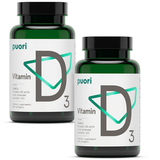 Puori Vitamin D3 Softgels bottle closeup highlighting 2500 IU for potential immune support