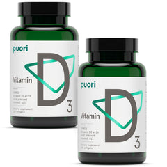 Puori Vitamin D3 Softgels bottle closeup highlighting 2500 IU for potential immune support
