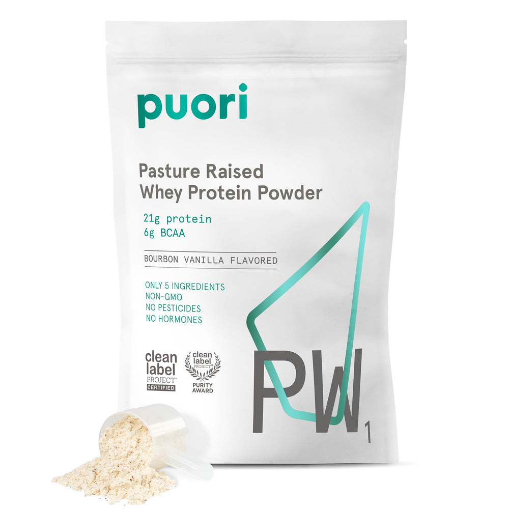 Puori PW1 vanilla whey protein powder tub with clean label for post-workout recovery