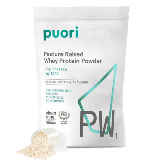 Puori PW1 vanilla whey protein powder tub with clean label for post-workout recovery