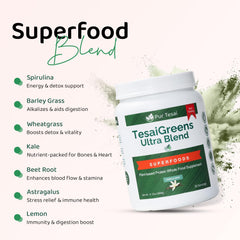 Pur Tesai TesaiGreens Ultra Blend scoop dispensing the nutrient-rich powder