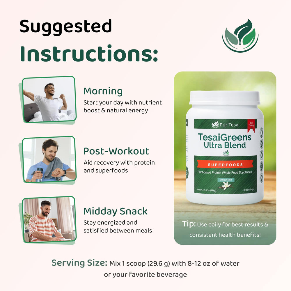 Pur Tesai TesaiGreens Ultra Blend spirulina-rich greens as key ingredients