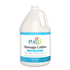 PURA 1st Arnica Therapy lotion gallon bottle for professional massage sessions and hydration.