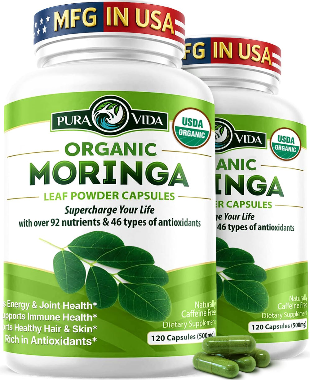 PURA VIDA MORINGA capsules bottle showing convenient daily supplement for energy and nutrients.