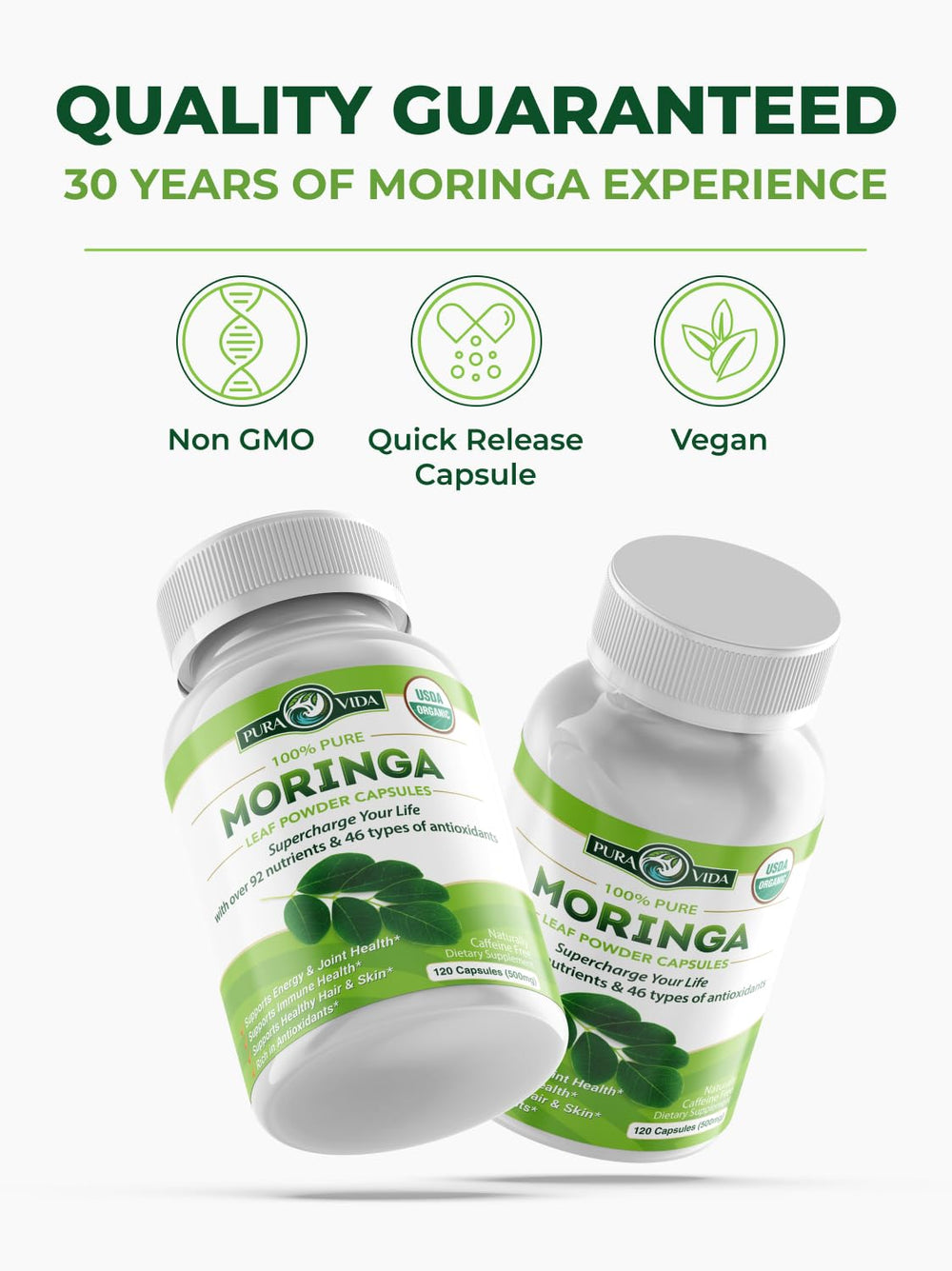 Pura Vida Moringa dried leaves close-up highlighting nutrient-rich foliage
