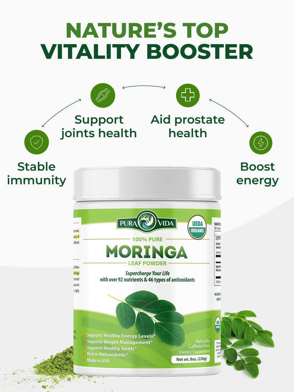 PURA VIDA MORINGA powder tea setup for a caffeine-free ritual