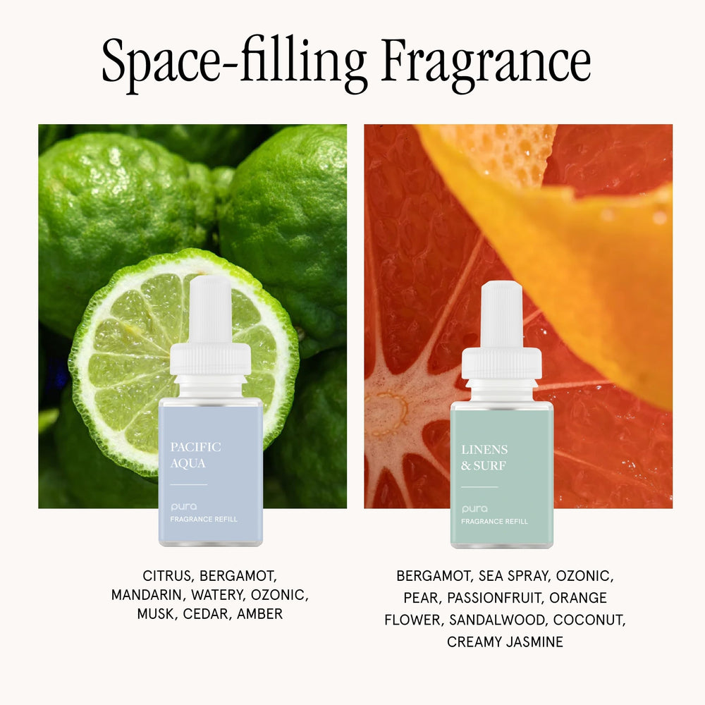 Pura 4 diffuser with Pacific Aqua refill delivering a refreshing sea inspired scent.