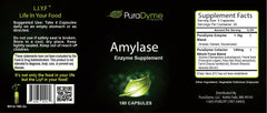Puradyme Amylase capsules closeup shows enzyme blend for carbohydrate digestion.