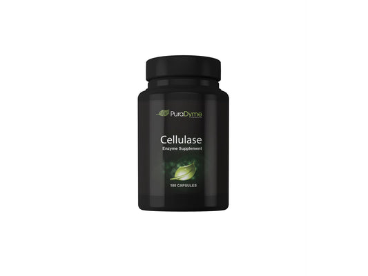 PuraDyme cellulase bottle with 180 capsules for digestive support.