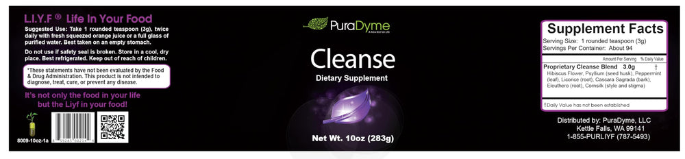 PuraDyme Cleanse label front highlights natural herbs for gentle toxin support.