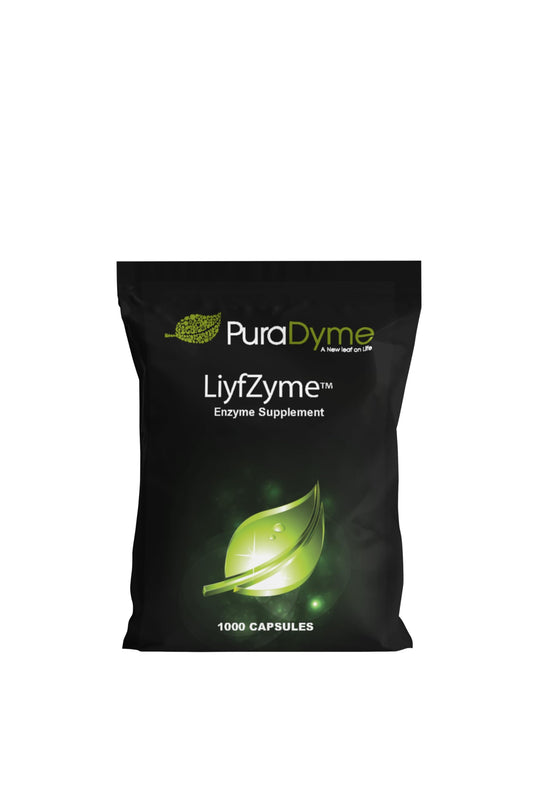 Puradyme LiyfZyme bottle displaying vegan enzyme capsules for digestion support.
