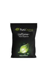 Puradyme LiyfZyme bottle displaying vegan enzyme capsules for digestion support.