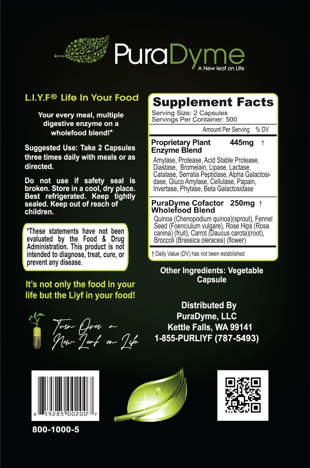 Puradyme LiyfZyme capsules close-up highlighting plant-based formula for daily wellness.