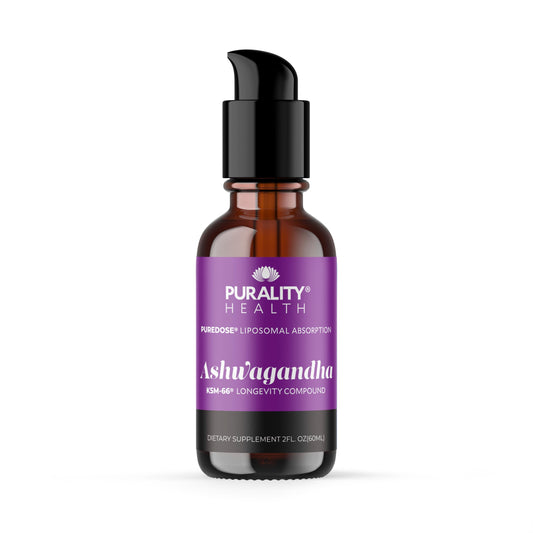 PURALITY HEALTH Ashwagandha liposomal liquid bottle pour shows easy dosing for daily balance