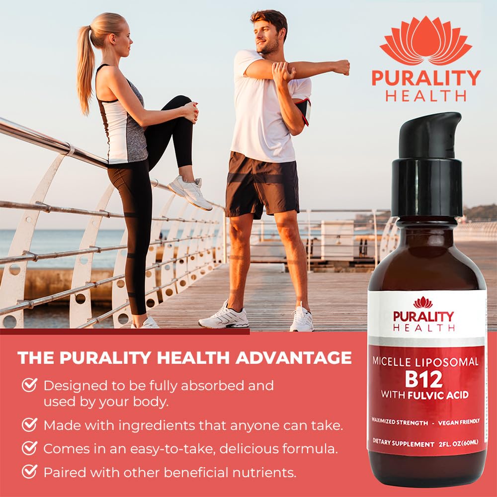 Purality Health liquid B12 drops close-up shows berry flavor and quick absorption.