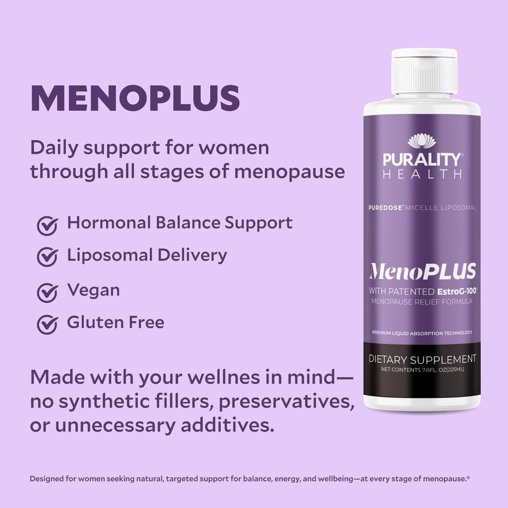 PURALITY HEALTH MenoPLUS smoothie-ready serving shot for easy integration.