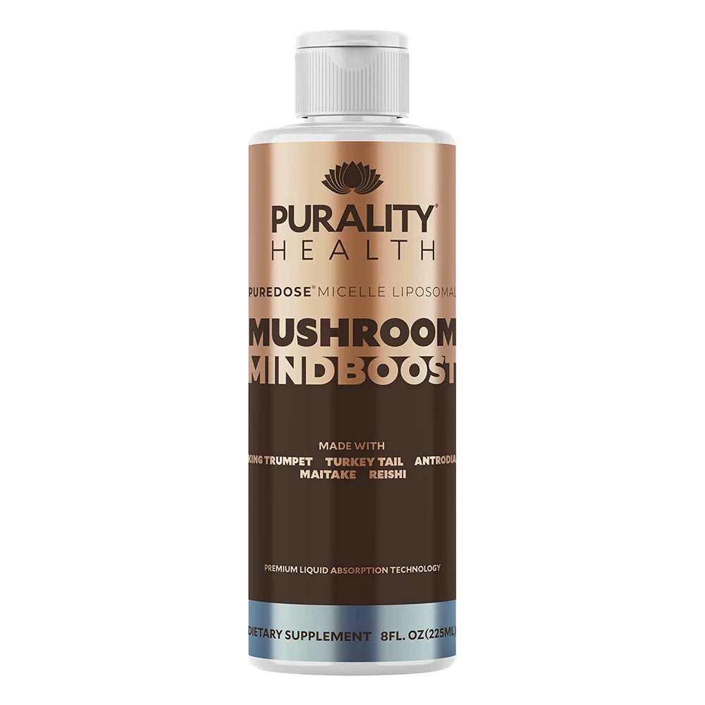 Purality Health Mushroom Mindboost bottle with chocolate flavor for daily focus