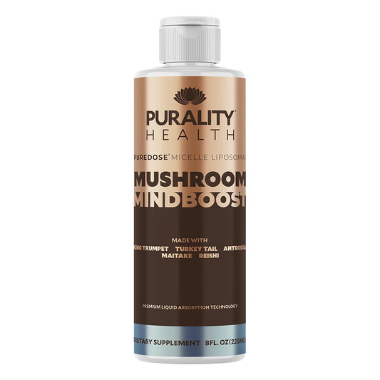 Purality Health Mushroom Mindboost bottle with chocolate flavor for daily focus