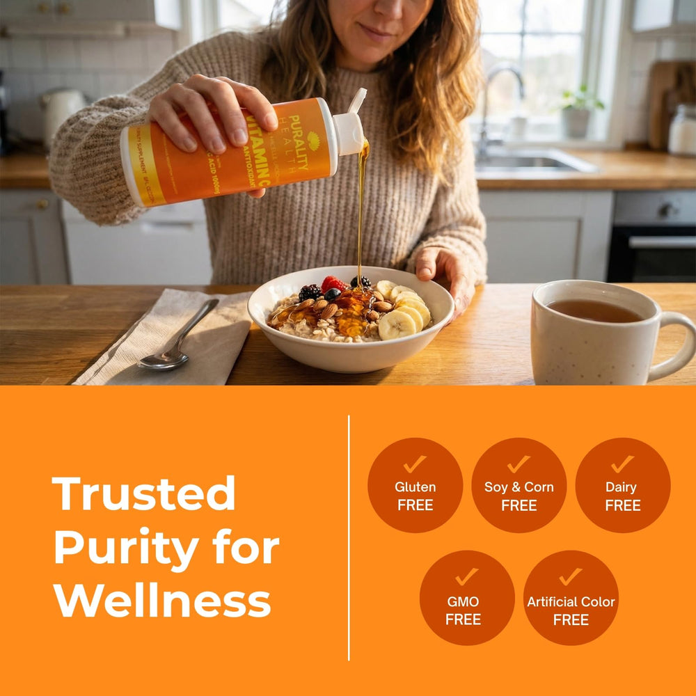 PURALITY HEALTH Vitamin C ingredients icons illustrate vegan, non-GMO features