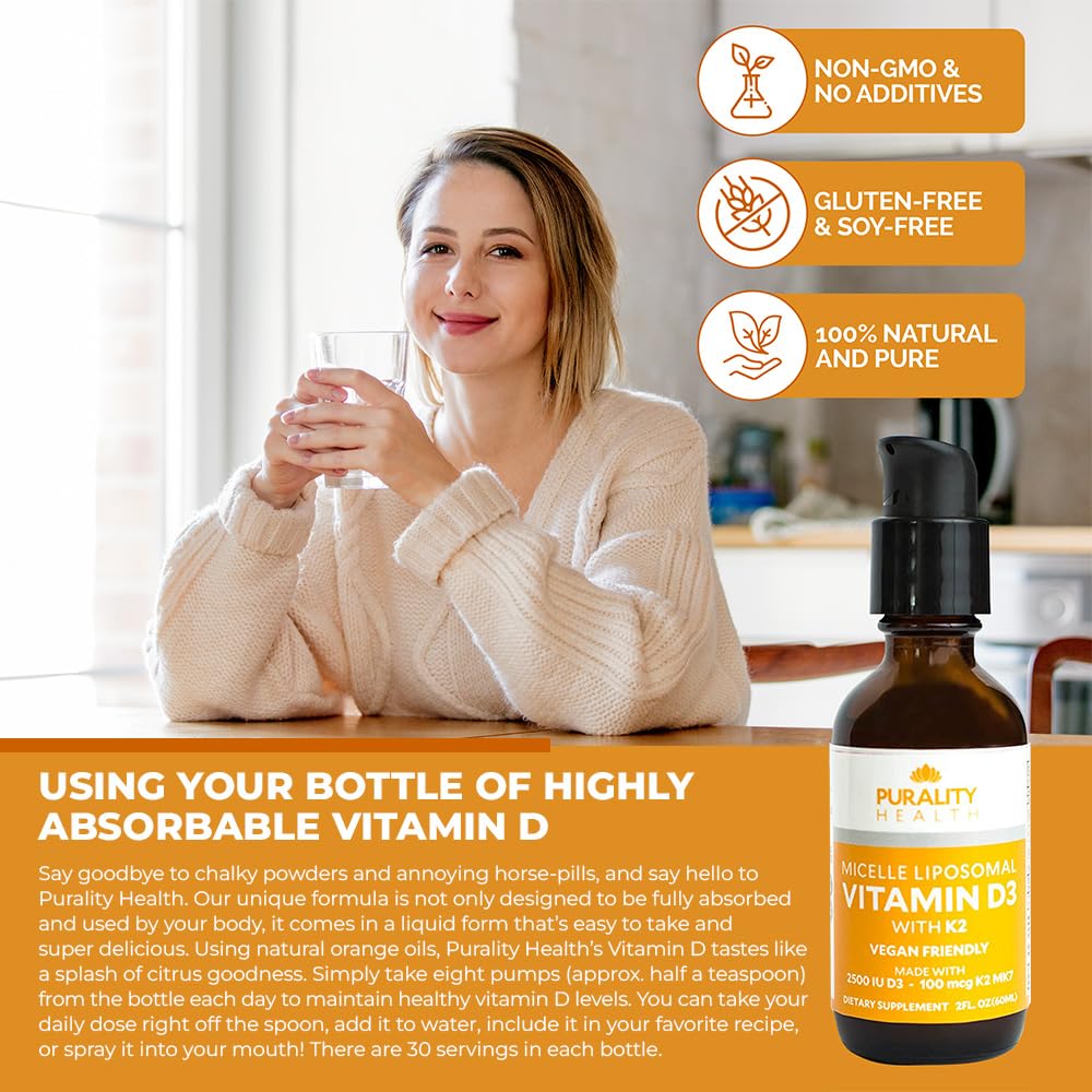 Purality Health Vitamin D3 with K2 liquid serving 2 mL emphasizes convenient daily amount.