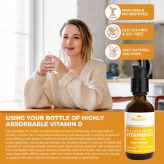 Purality Health Vitamin D3 with K2 liquid serving 2 mL emphasizes convenient daily amount.