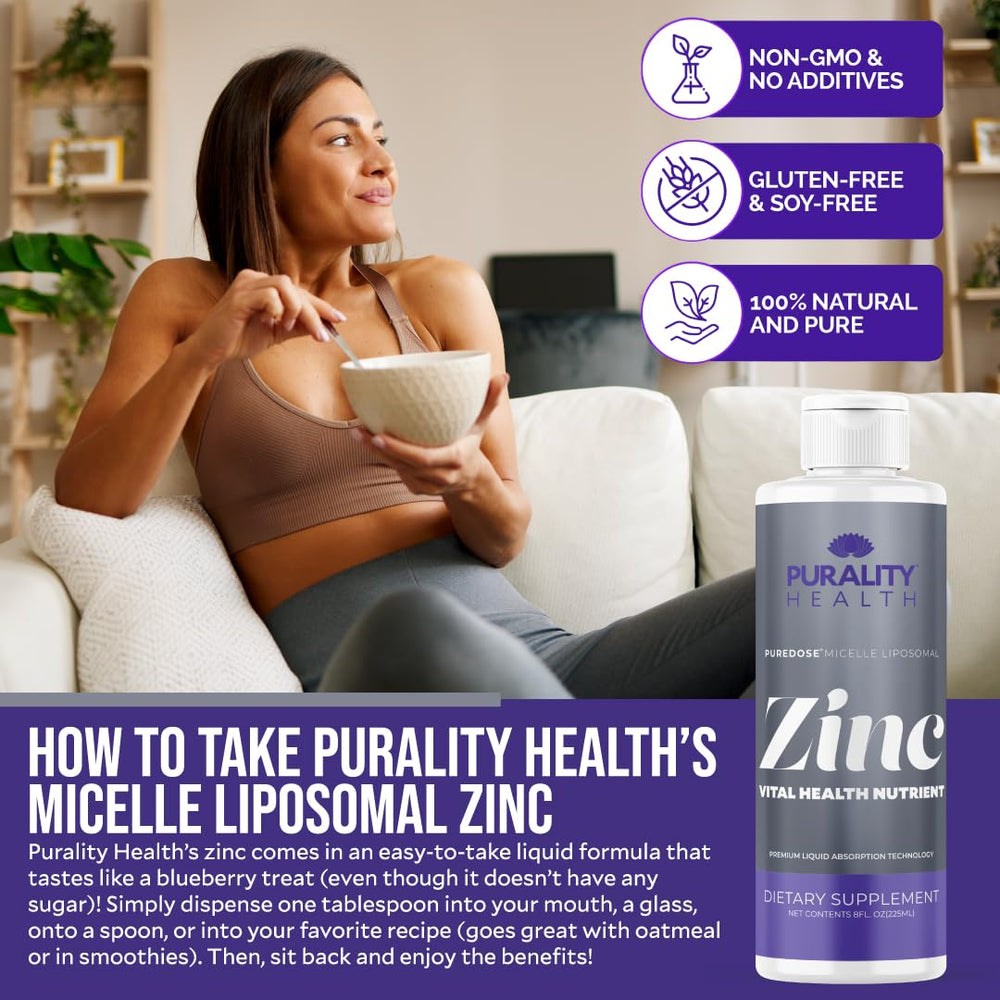 Purality Health zinc drops in a glass during morning routine