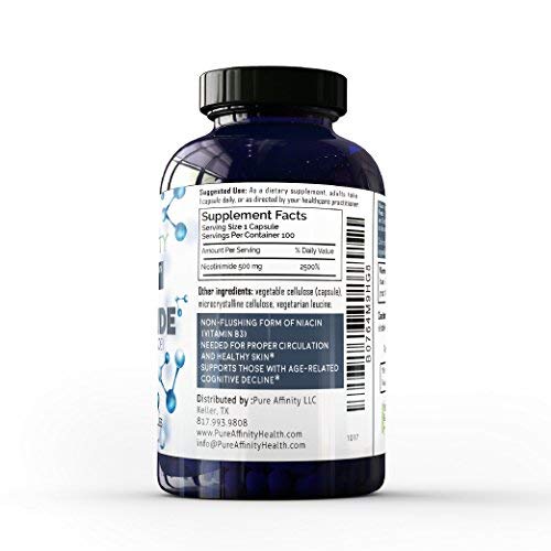 Label of Pure Affinity Nicotinamide 500 mg showing supplement details