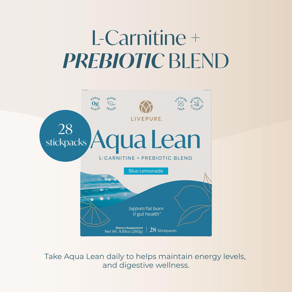 PURE Aqua Lean on-the-go packaging beside a glass of water for travel days.