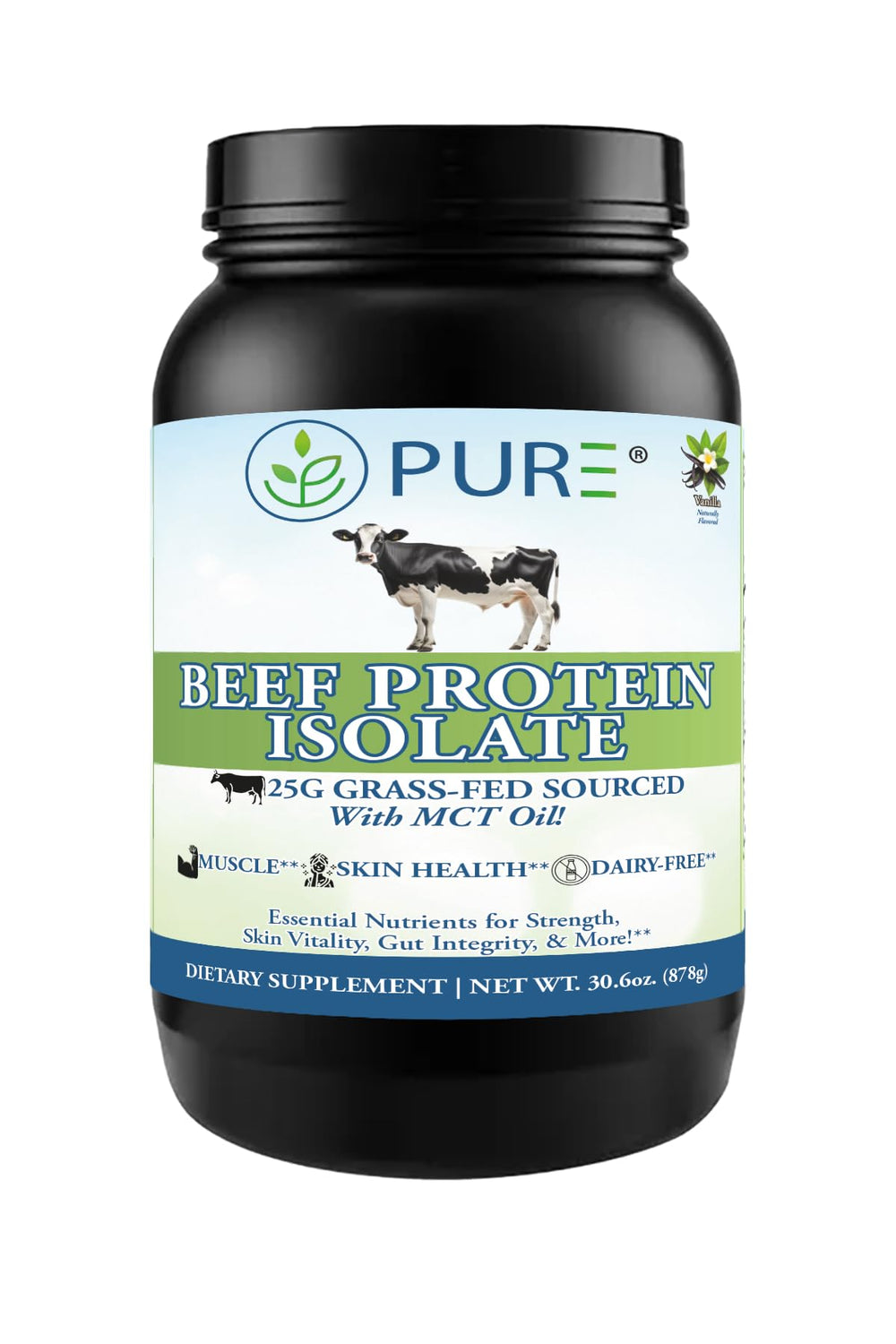 PURE Beef Protein Isolate Vanilla Canister showcasing premium dairy-free protein for muscle recovery