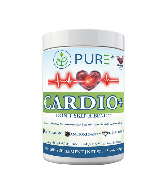 PURE Cardio+ bottle label emphasizes trusted cardiovascular support.