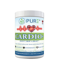 PURE Cardio+ bottle label highlighting the nitric oxide blend for heart support.