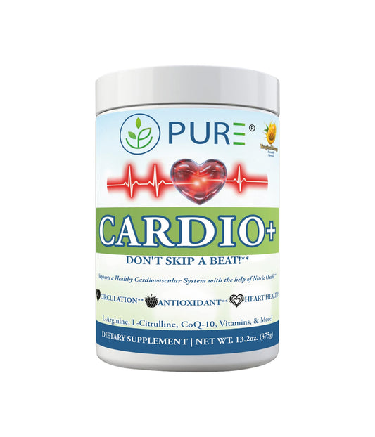 PURE Cardio+ mango tub front showcasing premium formula for active daily use.