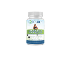 PURE Digestive Enzymes+ bottle front showing advanced enzyme blend for gut support.