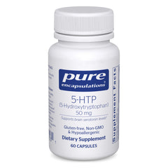 Pure Encapsulations 5-HTP 50 mg bottle front promoting serotonin support and mood balance.