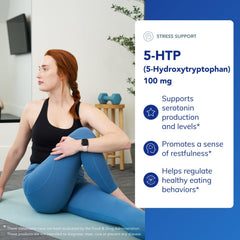 Pure Encapsulations 5-HTP bottle back label with ingredients and allergen info.