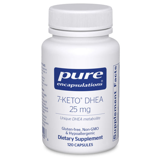 Pure Encapsulations 7-Keto DHEA 25 mg bottle front showing clean, allergen-free formula for daily support.