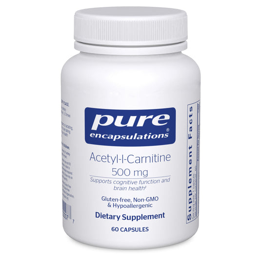Pure Encapsulations Acetyl-L-Carnitine bottle on wood for memory support.