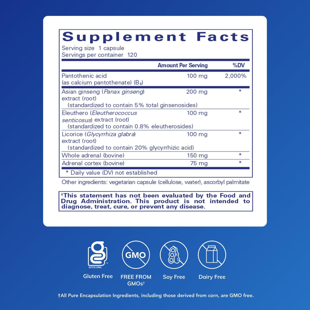 Pure Encapsulations ADR Formula bottle back label with ingredients details for hypoallergenic use