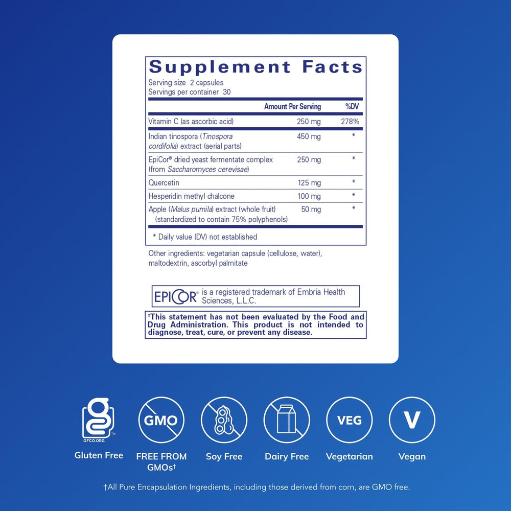 Pure Encapsulations Aller-Essentials bottle label with ingredients and dosage guidance.