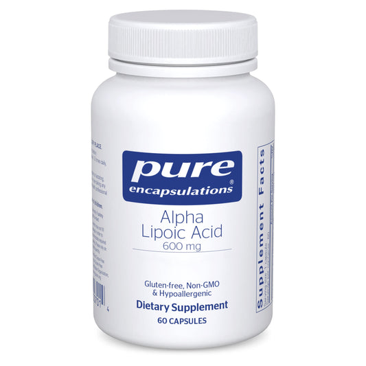 Pure Encapsulations Alpha Lipoic Acid 600 mg bottle signals premium antioxidant support.