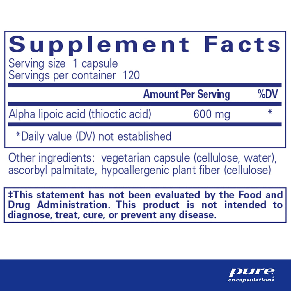Pure Encapsulations Alpha Lipoic Acid capsules arranged for daily antioxidant support.