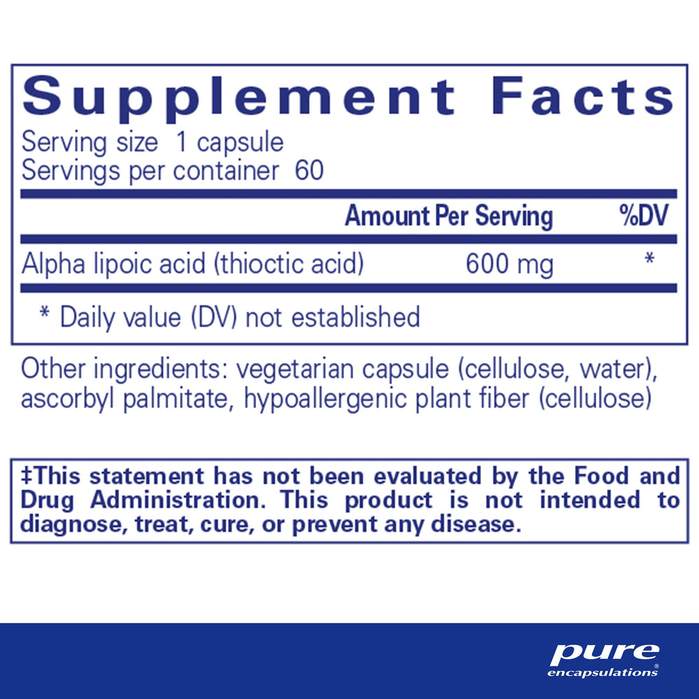 Pure Encapsulations Alpha Lipoic Acid 600 mg capsules for convenient daily use.